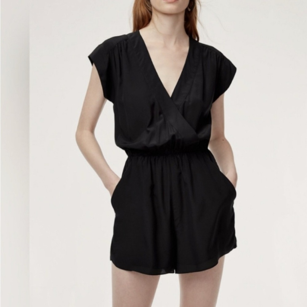 BABATON Romper Womens Black Silk Corbett Surplice V Neck Short Sleeve